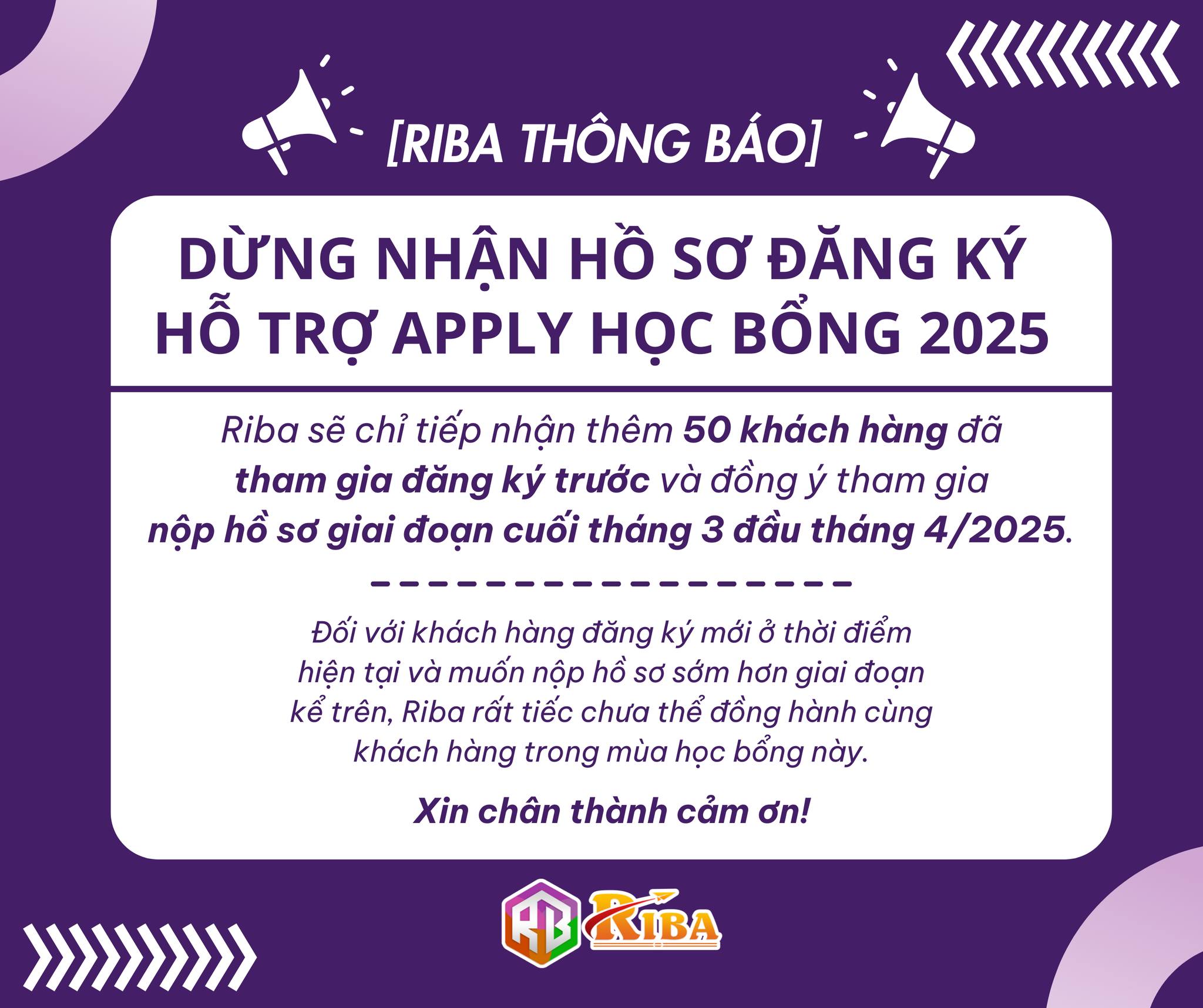 Riba dừng tiếp nhận hồ sơ hỗ trợ apply học bổng năm 2025